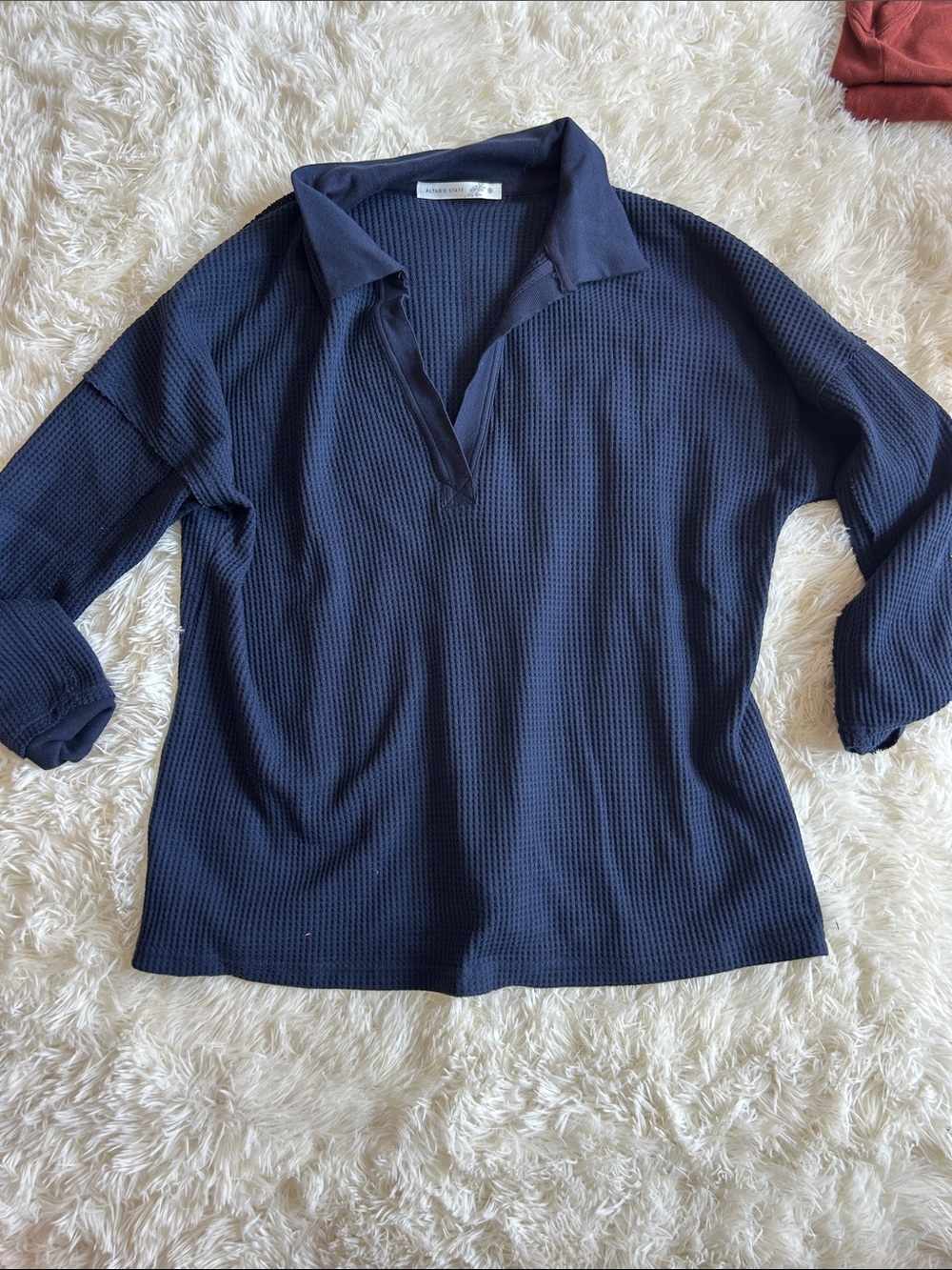 Altar'd State Navy Collared V-Neck Waffle Knit Top